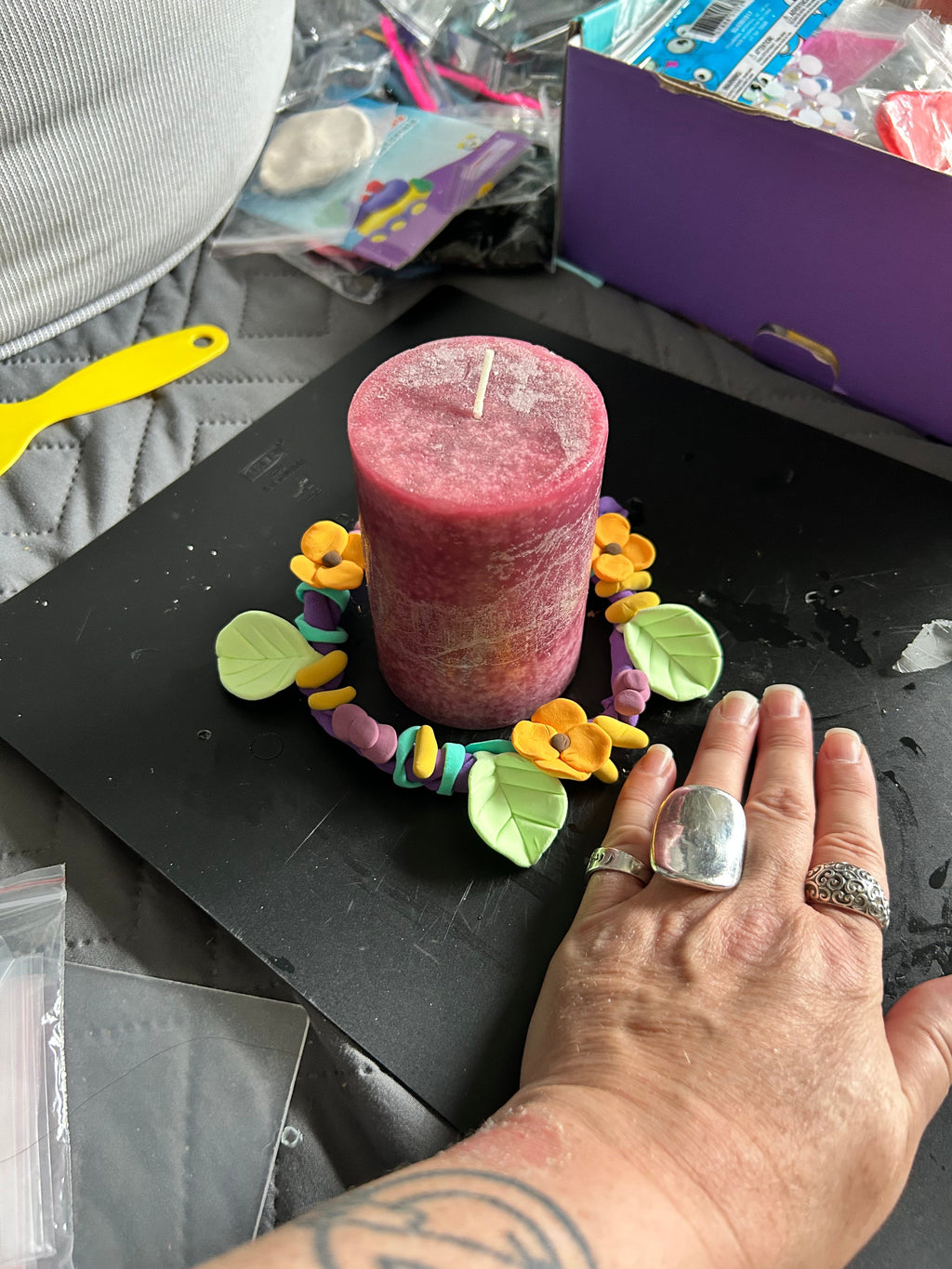 Purple Floral Clay Wreath | Handmade Polymer Clay Candle Ring